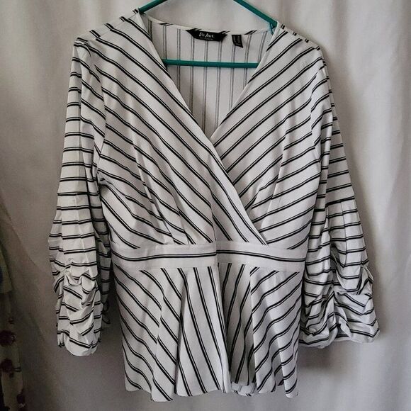 Du Jour QVC Size 16 Wrap Blouse side zip black white stripes Rayon blend d'contd - Picture 3 of 15